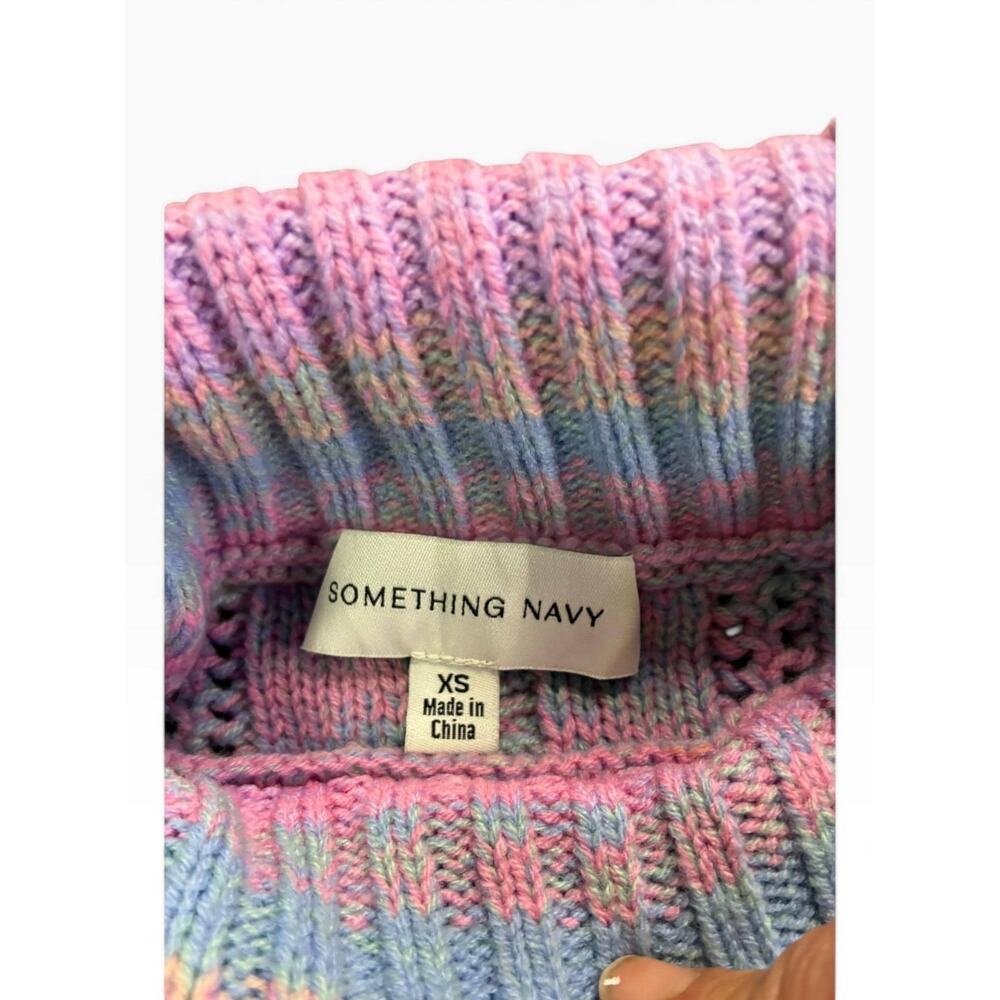 Pastel Rainbow Cable Knit Sweater XS Something Navy Ruffle Shoulder Knit Preppy - Picture 8 of 10